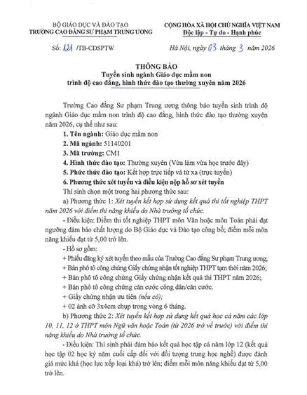 Thông báo tuyển sinh ngành giáo dục mầm non