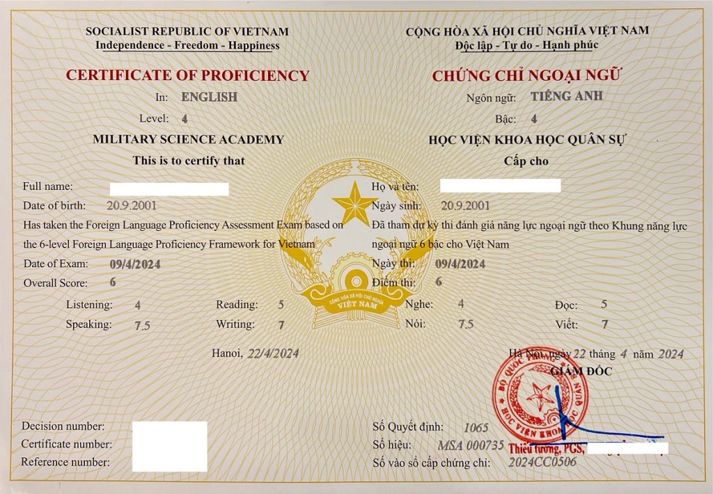 mặt trong chứng chỉ ngoại ngữ B2 bậc 4